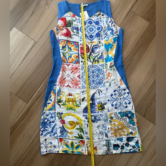 Euro Made in Italy Mario Romano Blue White Linen Printed Tank Dress - Picture 7 of 9